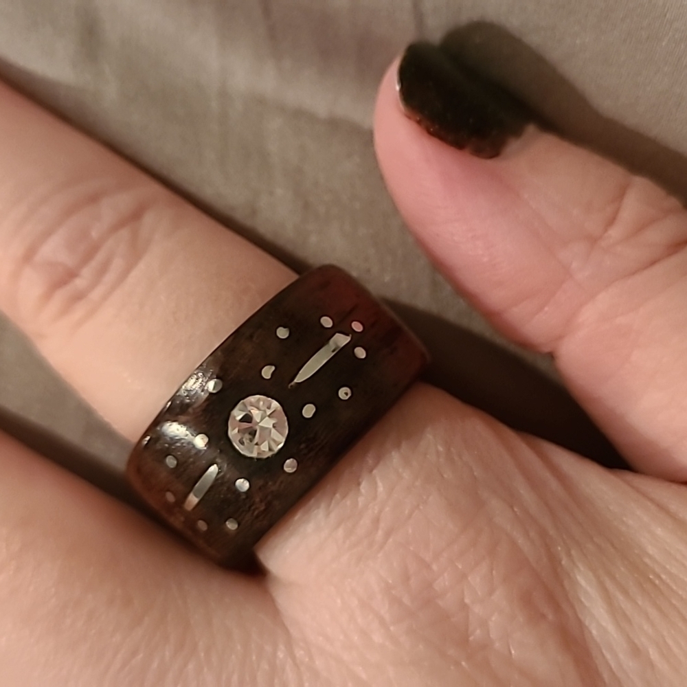 Real Wood Ring With Cubic Zirconia And Sterling Silver Inlay